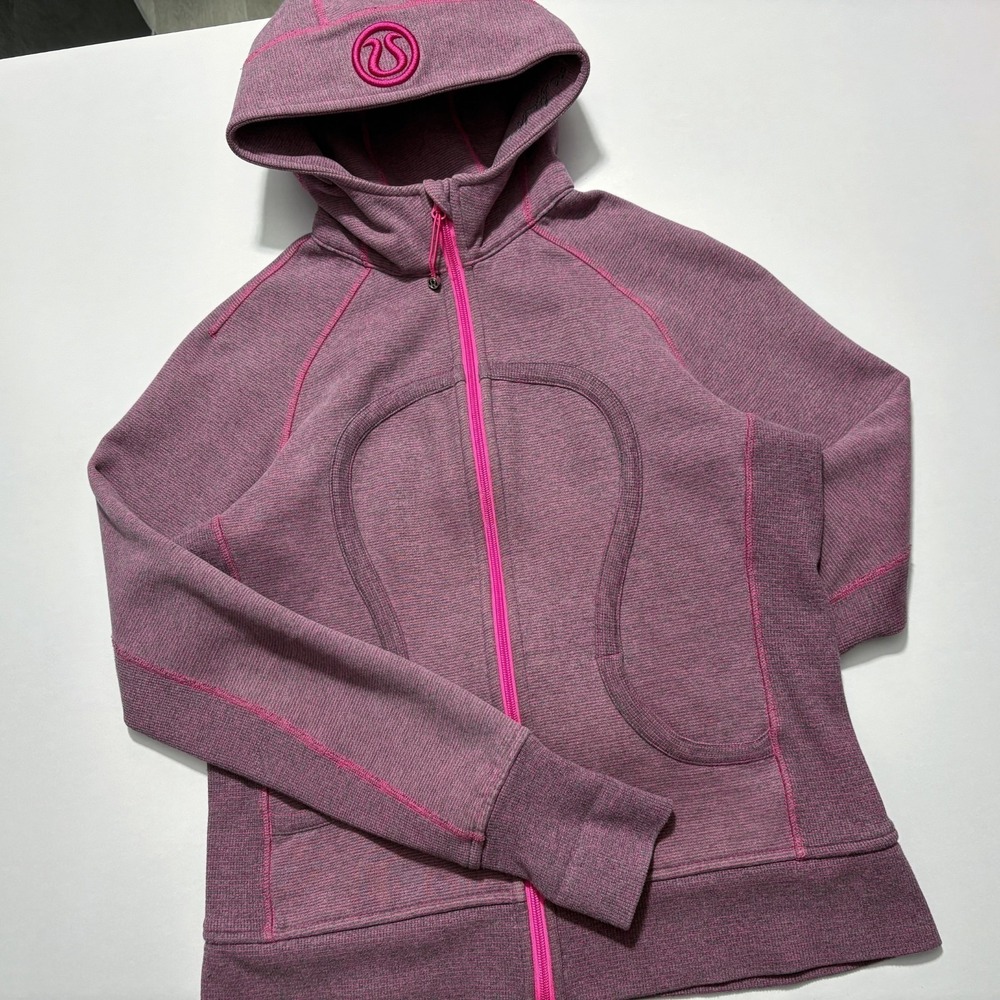 Lululemon Scuba Hoodie Striped Pink Purple Full Zip Fleece Jacket Womens Sz 12